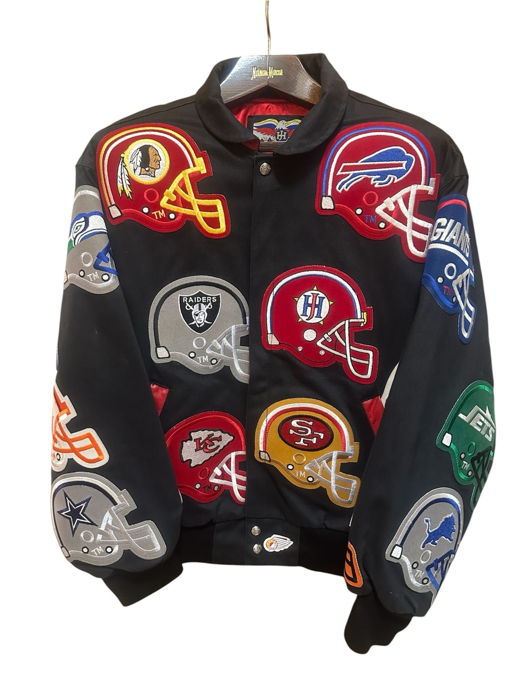 VTG Jeff Hamilton NFL All Team Helmet Patch Jacket Bomber Black Mens Large RARE - Picture 2 of 5